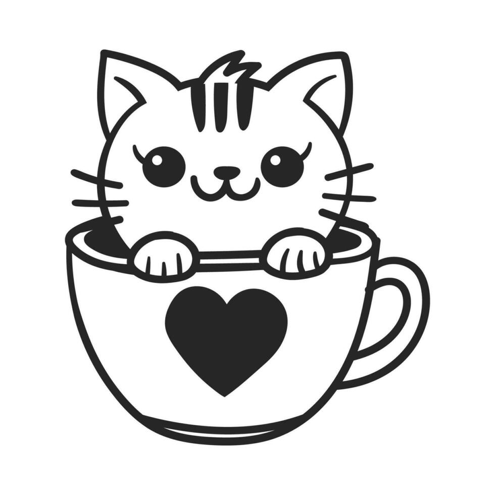 süß Katze im Kaffee Tasse Linie Kunst Vektor Illustration