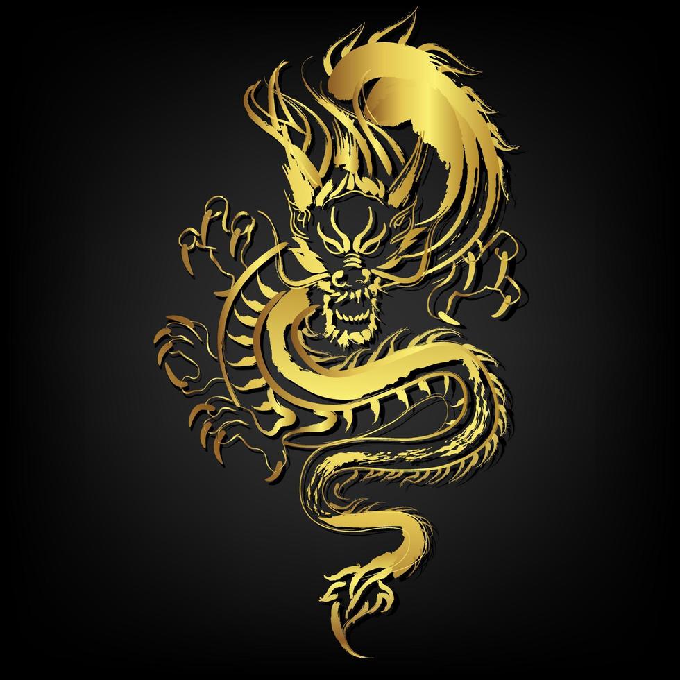 Goldener Drache, große Schlange der Kreatur verwendet Pinselstrichmalerei auf schwarzem Hintergrund vektor