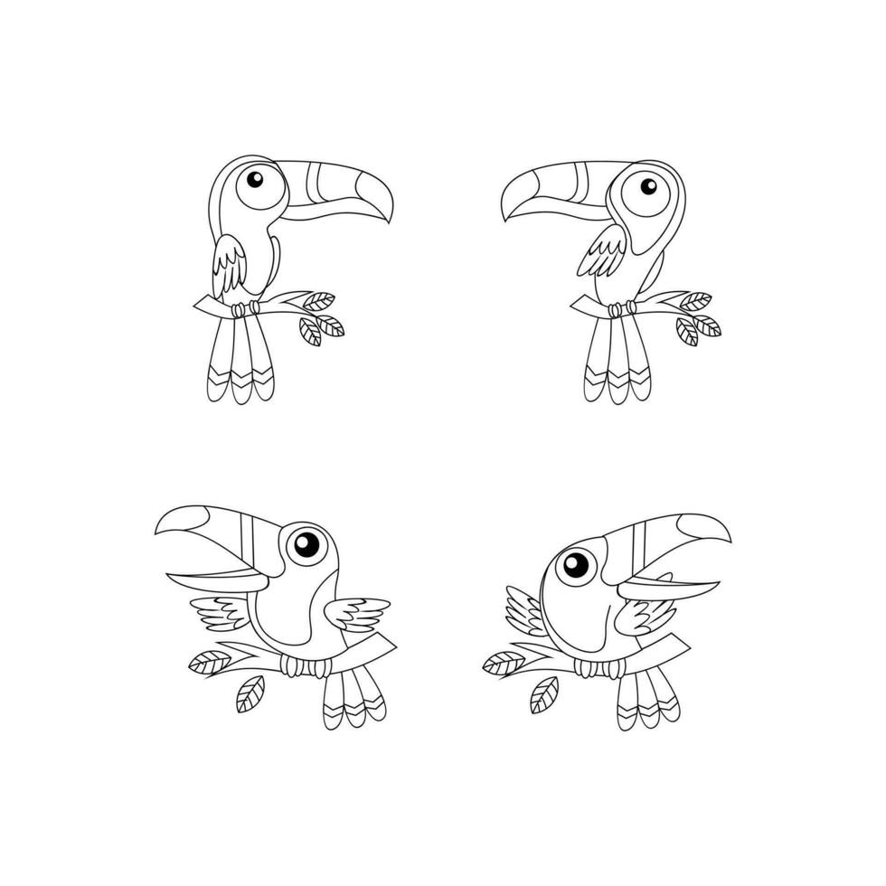 toucan fågel teckning linje söt svart vit illustration uppsättning samling vektor
