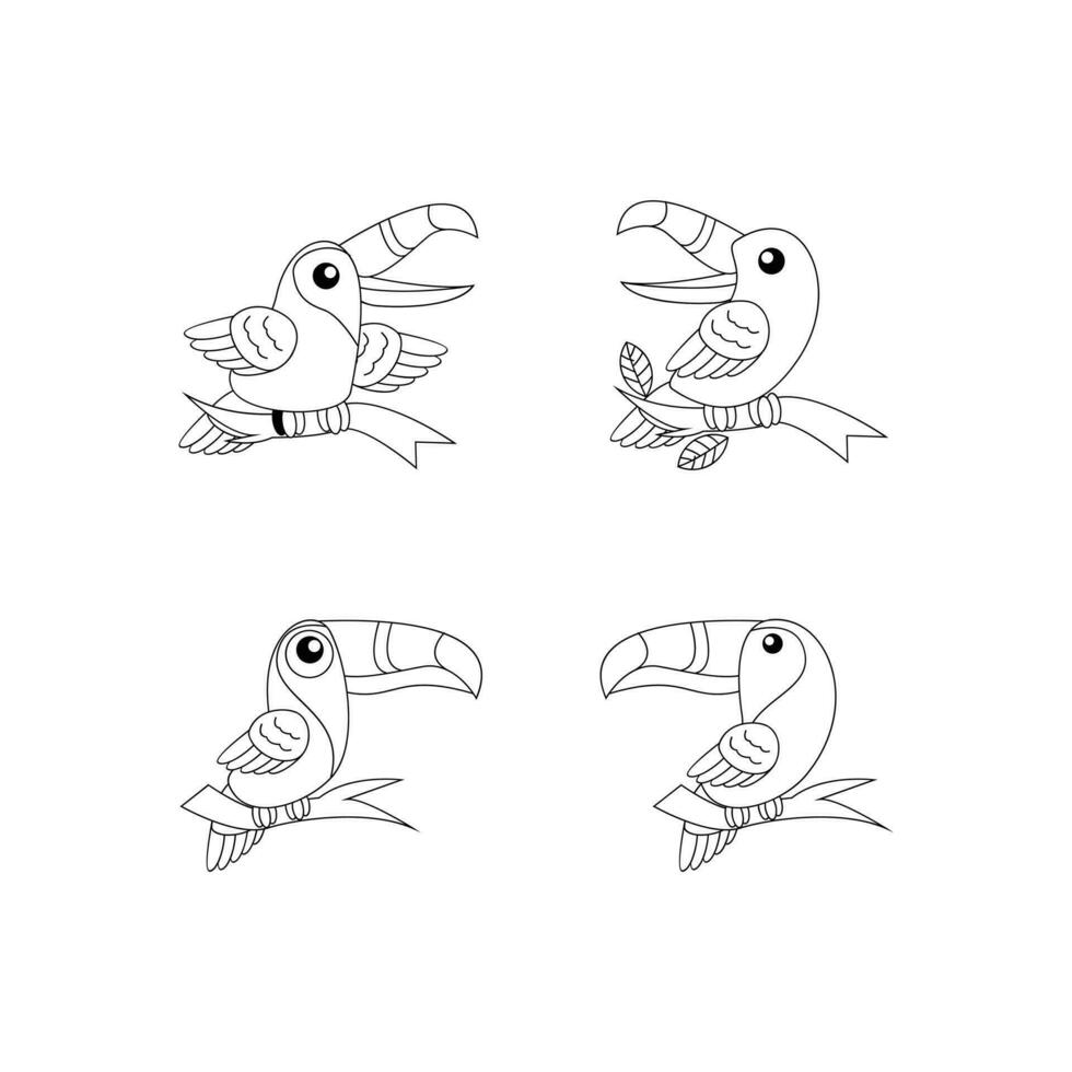 Tukan Vogel Zeichnung Linie süß schwarz Weiß Illustration einstellen Sammlung vektor