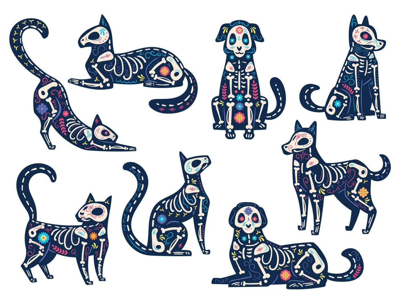 dag djur. dia de los muertos, katter och hundar skallar, skelett dekorerad med blommor, traditionell mexikansk latin Semester vektor symboler