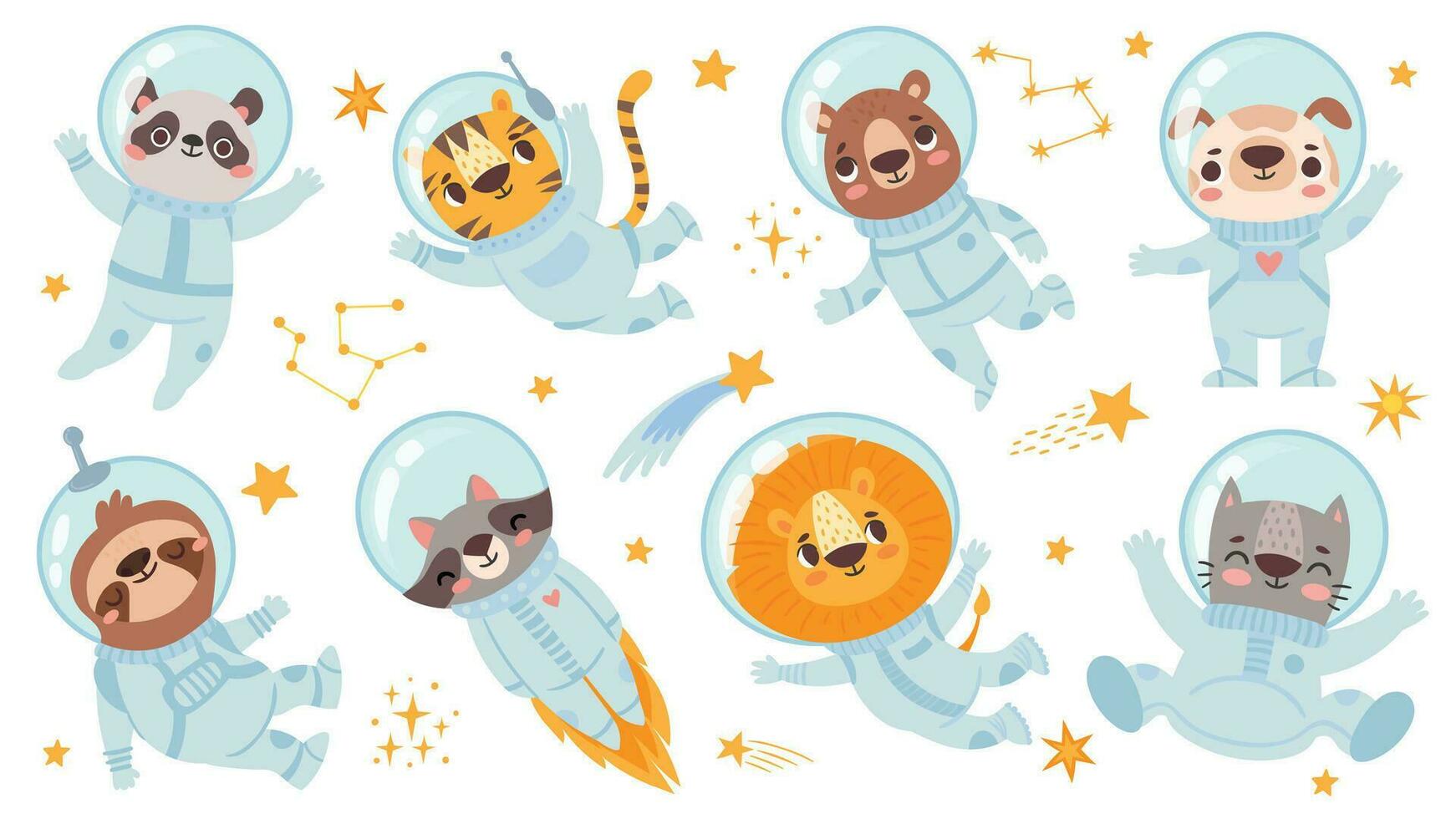 djur astronauter. Plats team söt djur- i Plats kostymer, starry universum med kosmonauter för barns skriva ut flygblad vektor tecken uppsättning