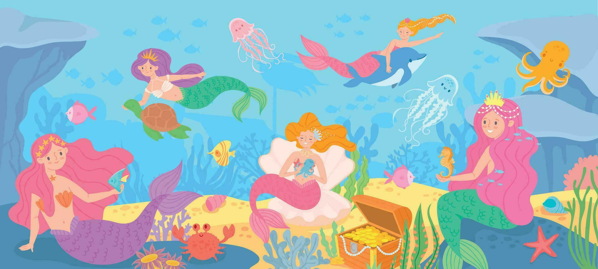unter Wasser mit Meerjungfrauen. Meeresboden mit mythisch Prinzessinnen und Meer Kreaturen, Algen und Muschel, Krake, Schatz Karikatur Vektor Hintergrund