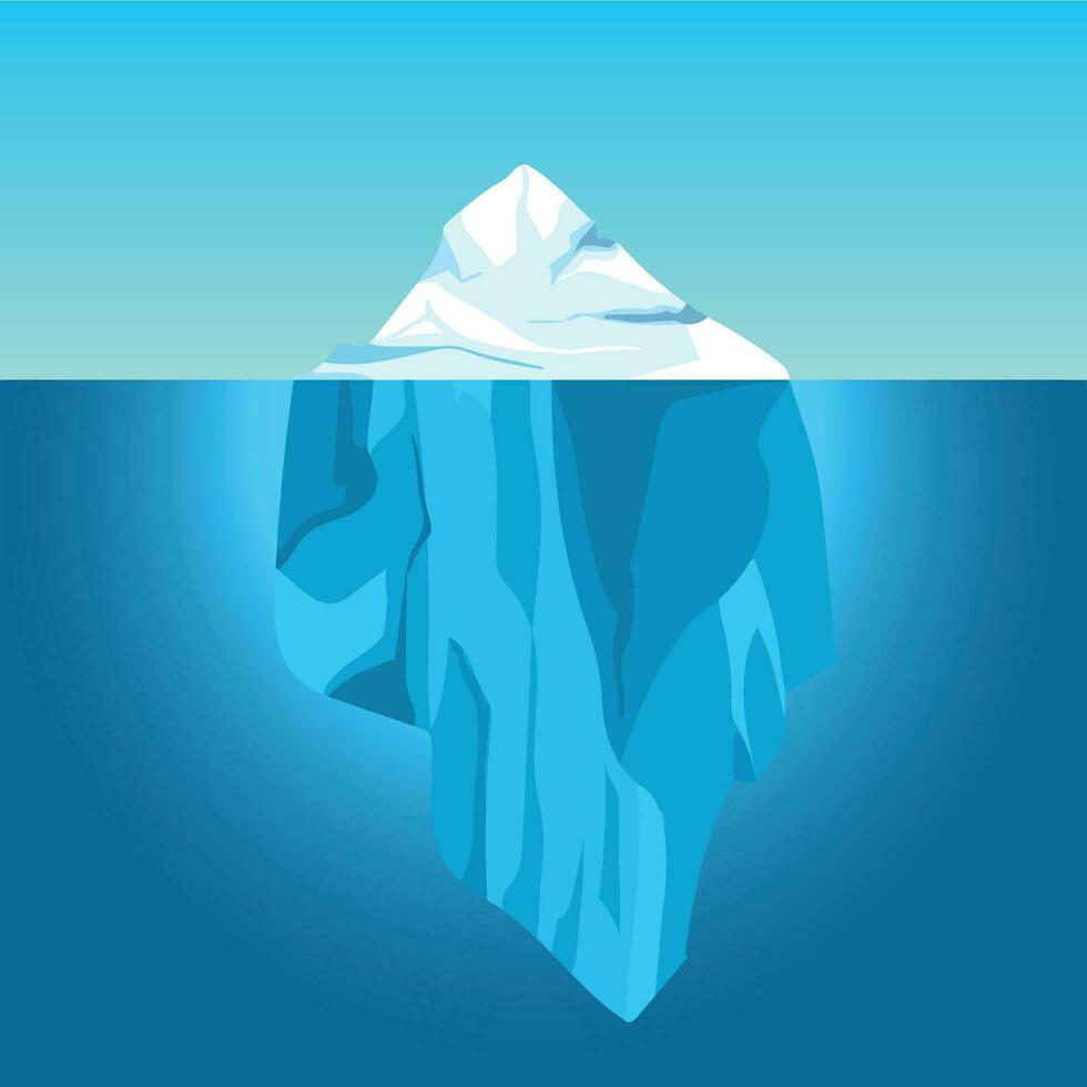 Karikatur Eisberg im Wasser. groß Eisberg schwebend im Ozean mit unter Wasser Teil. klar Wasser mit Eis Berg, global Erwärmen Vektor Konzept