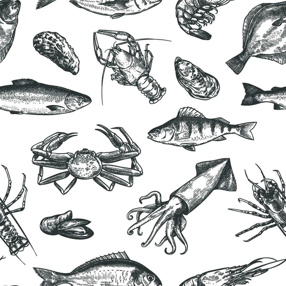 Meeresfrüchte nahtlos Muster. Hand gezeichnet Hummer, Krabbe, Auster und Muschel, Tintenfisch, Garnelen und Fische skizzieren Marine Leben drucken Vektor Textur