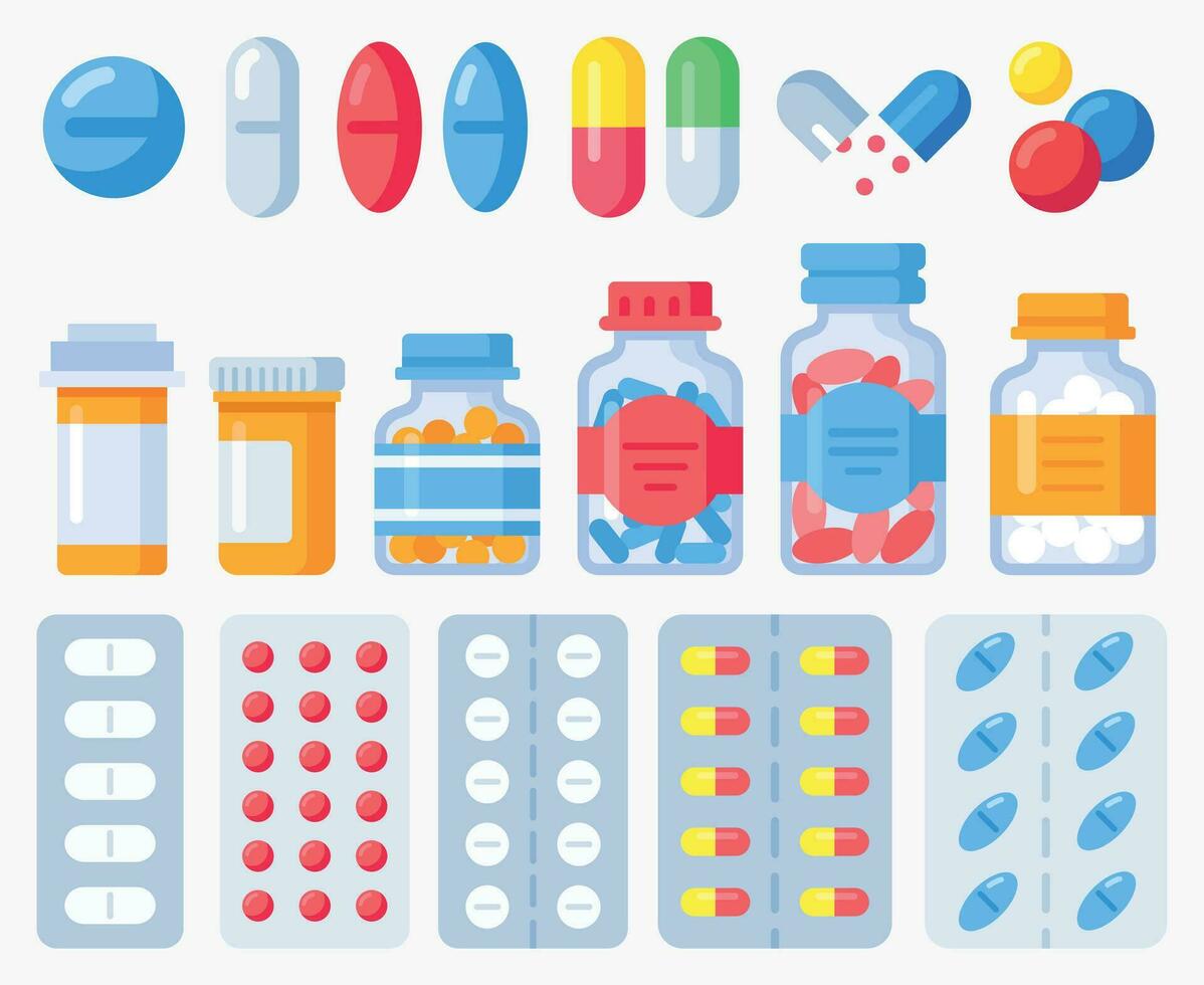 pharmazeutische Pillen, Medizin Flaschen und Tabletten im Blase Packungen vektor