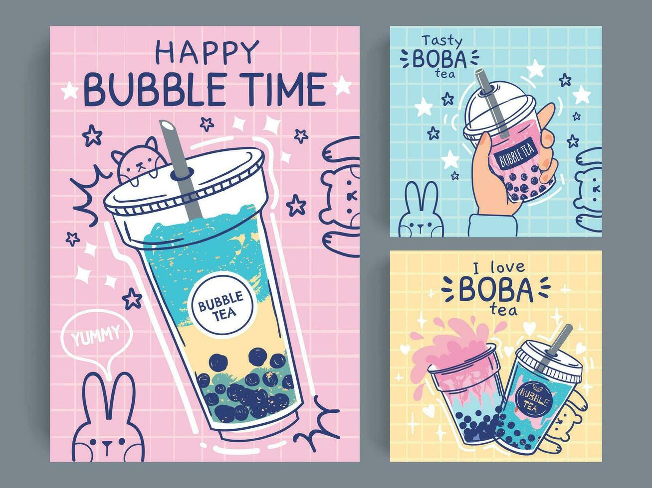 bubbla te baner. känd dryck asiatisk bubbla te, taiwanese grön eller frukt te med bollar i plast koppar, pärla mjölk te flygblad, promo vektor affisch