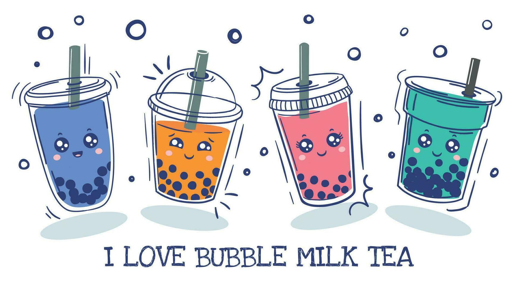 Blase Tee. Plastik Tasse mit süß Emotionen Lächeln Zeichen und Perle Milch Tee, Grün, Kaffee und Obst Tee mit Bälle, asiatisch trinken Karikatur Vektor einstellen