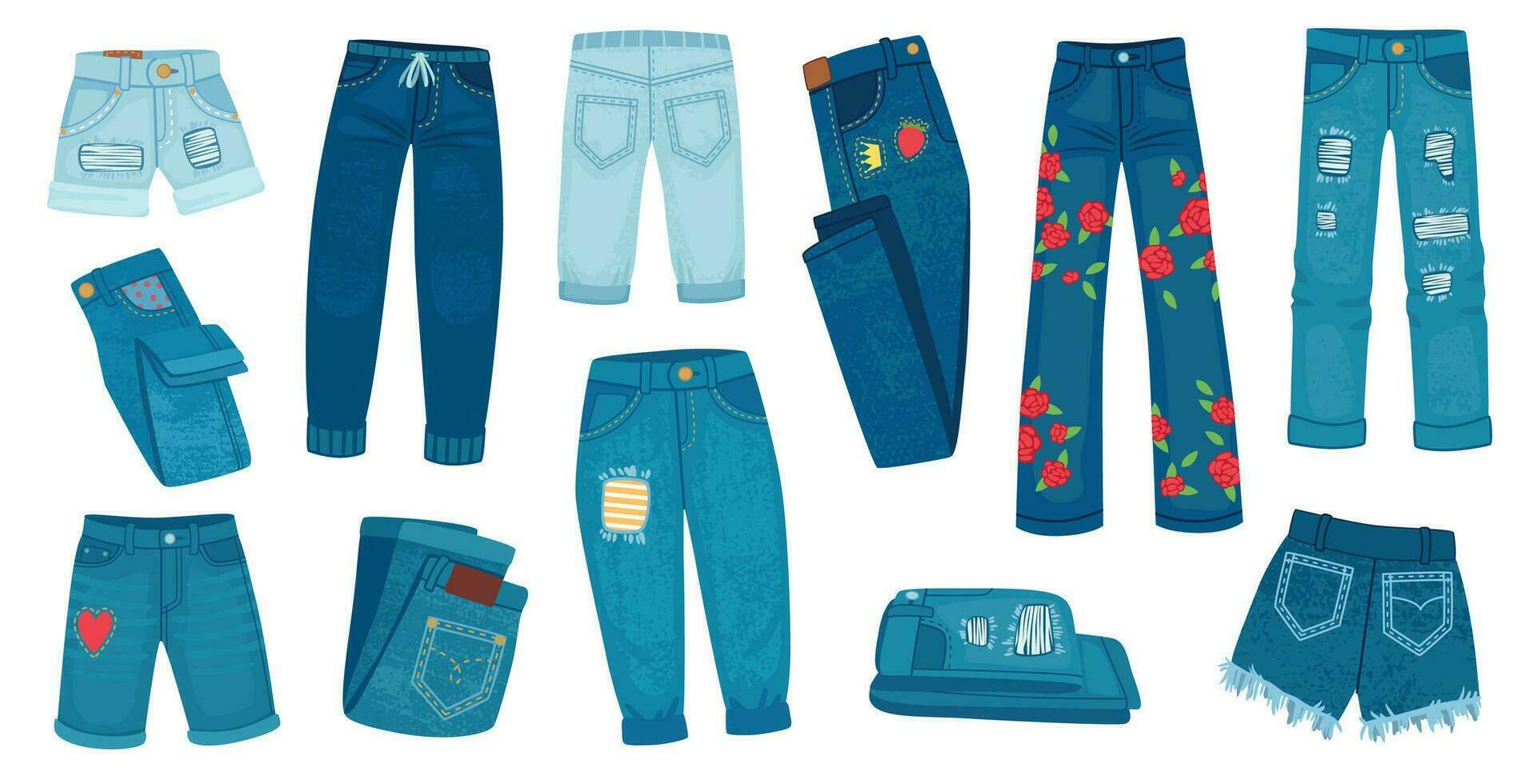 Denim Jean Hose. modisch Mode weiblich Jeans. Karikatur zerrissen kurze Hose und Hose mit Patches und Textur. beiläufig Stil Kleider Vektor einstellen