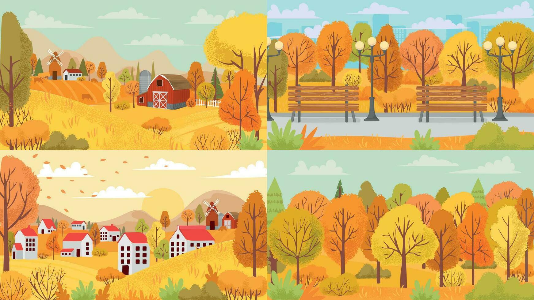 höst landskap, by, parkera, odla, skog. Land hus med gul och orange träd och bruka fält vektor
