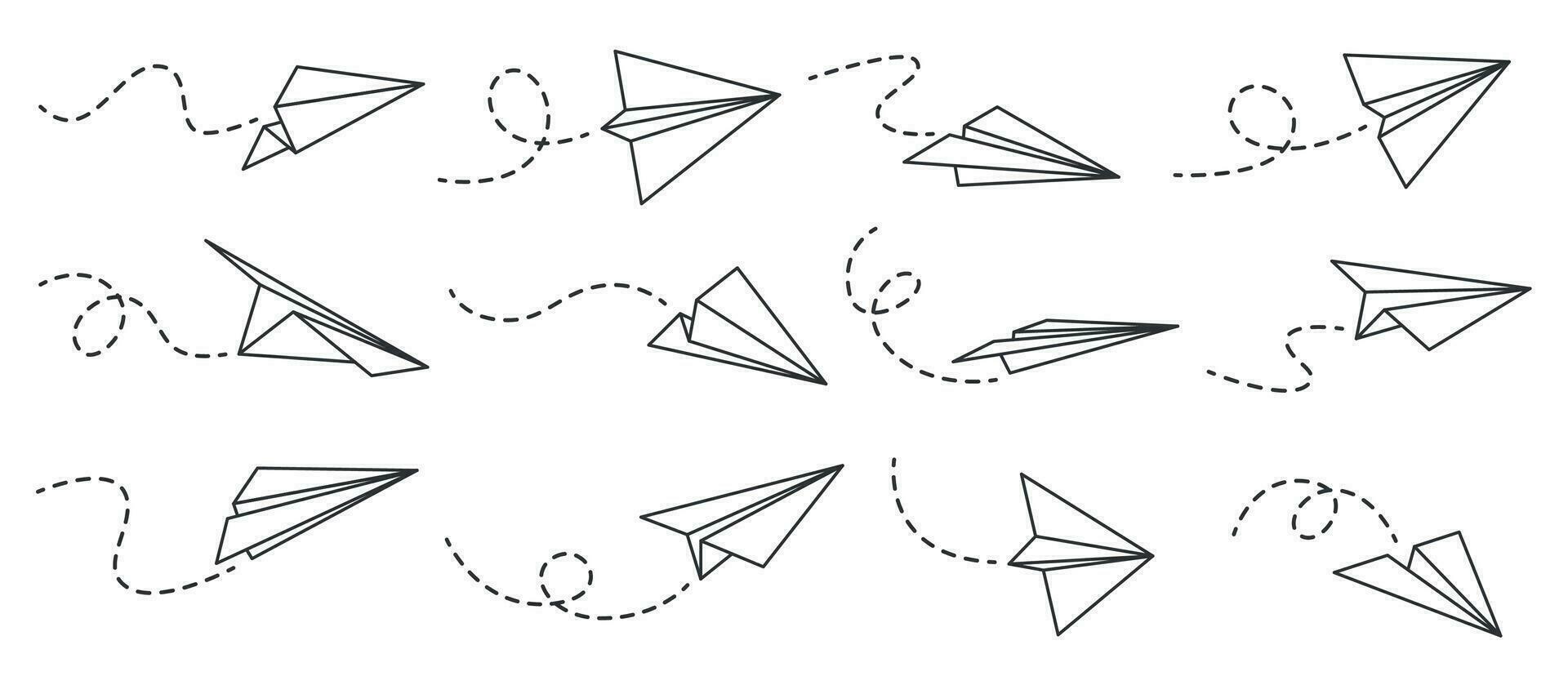 Papier Flugzeug. Gliederung fliegend Flugzeuge von anders Winkel und Richtung mit gepunktet Schiene, Reise oder Botschaft Symbole, linear Vektor einstellen