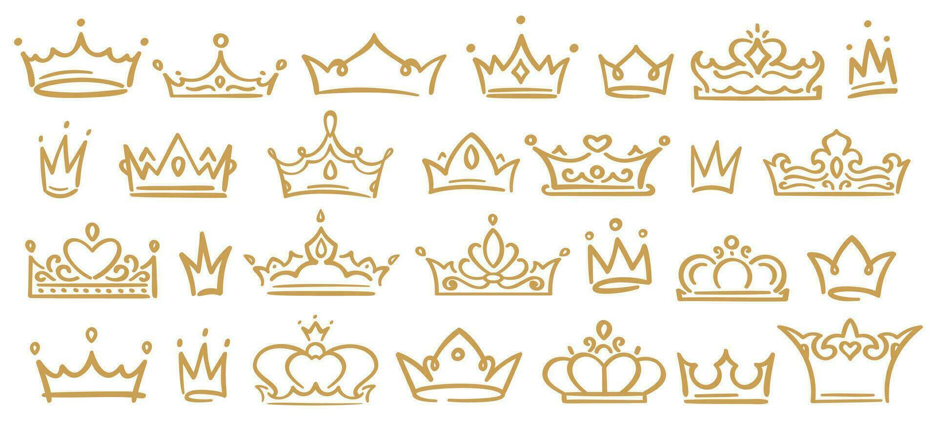 guld skiss kronor, hand drunkna kunglig diadems för drottning, prinsessa, vinnare eller mästare. kronor med dekoration vektor