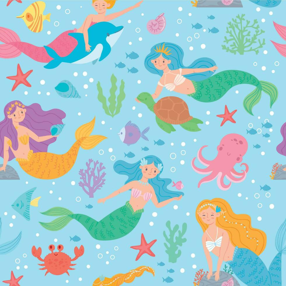 Meerjungfrau nahtlos Muster. Märchen Prinzessinnen und Meer Kreaturen unter Wasser Welt Design zum Hintergrund, Stoff drucken Mode Vektor Textur