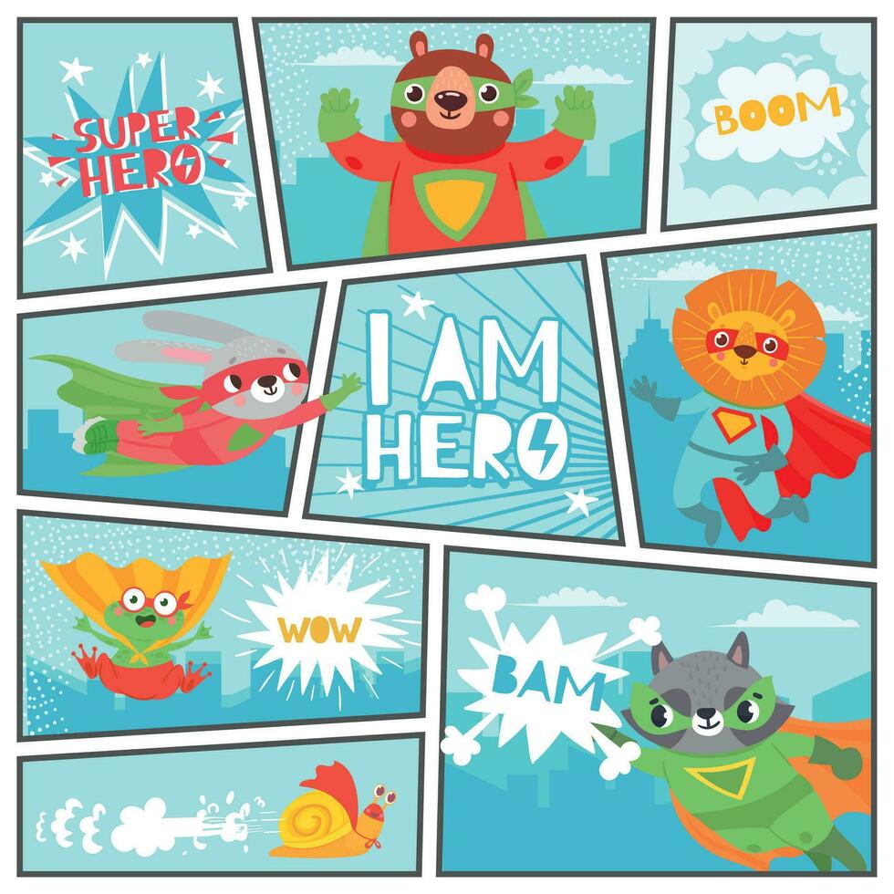 komisk super djur. superhjältar djur- barn i bok sida med Tal bubblor, söt och roligt årgång tecknad serie vektor tecken uppsättning.