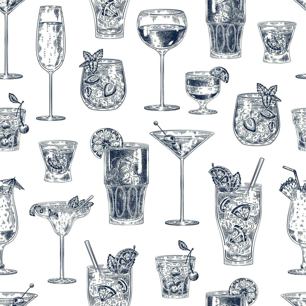 Cocktail nahtlos Muster. Hand gezeichnet Alkohol Getränke Cocktails mit anders Brille und Becher Hintergrund Bar Speisekarte Jahrgang Vektor Textur