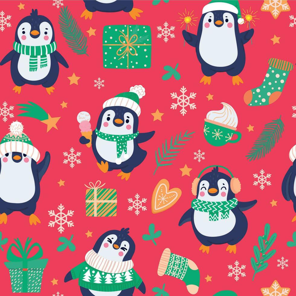 Pinguine nahtlos Muster. Karikatur süß Pinguine im Winter Kleidung und Hüte, Weihnachten Arktis Tiere, kindisch Textil- Vektor Textur