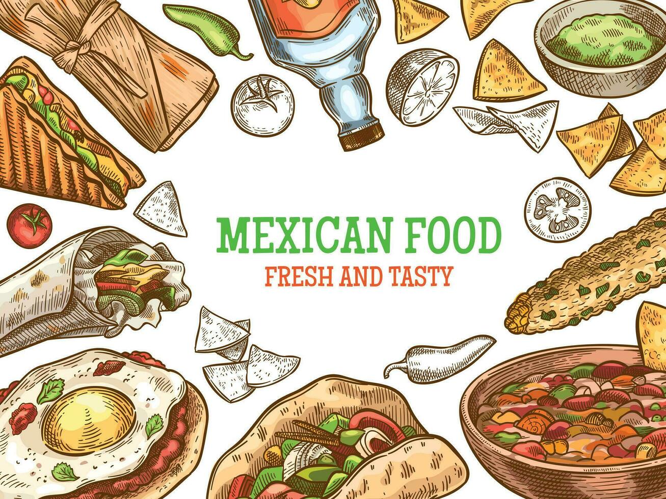 Mexikaner Lebensmittel. Hand gezeichnet traditionell Mexikaner Tequila und Teller, Burritos, Tacos und Nachos, Enchilada Jahrgang skizzieren Vektor Hintergrund