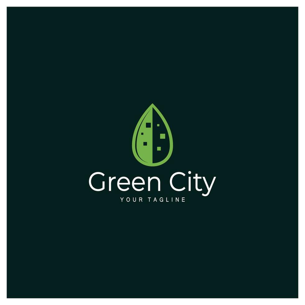 Grün und gesund modern Stadt mit Blatt Logo Design zum Geschäft, Eigentum, Gebäude, Öko Stadt, Zukunft Stadt, Architekt, ökologisch freundlich vektor