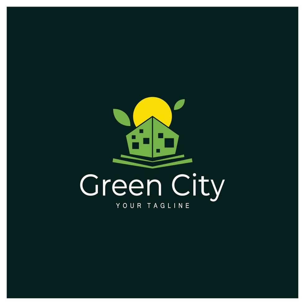 grön och friska modern stad med blad logotyp design för företag, fast egendom, byggnad, eco stad, framtida stad, arkitekt, miljömässigt vänlig vektor