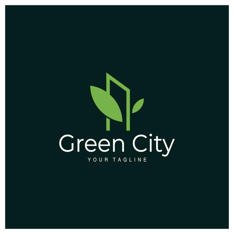 grön och friska modern stad med blad logotyp design för företag, fast egendom, byggnad, eco stad, framtida stad, arkitekt, miljömässigt vänlig vektor