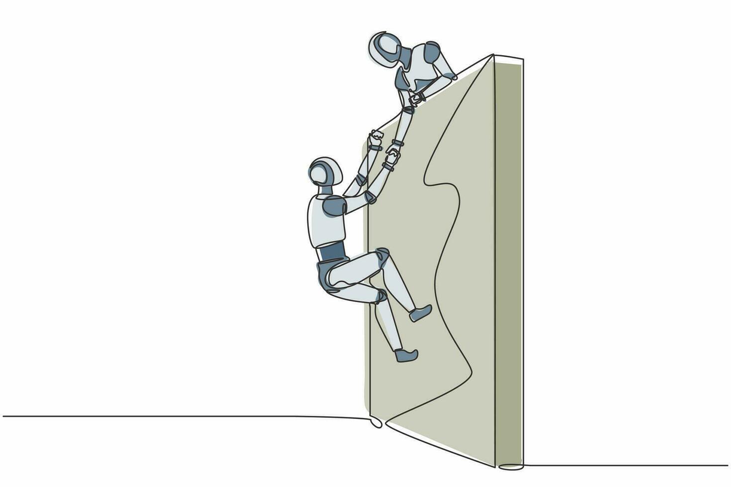 Ein einzelner Roboter zum Zeichnen von durchgehenden Linien hilft einem anderen Roboter, die Wand zu erklimmen. moderne robotertechnologie für künstliche intelligenz. Industrie der Elektrotechnik. einzeilige Grafikdesign-Vektorillustration vektor