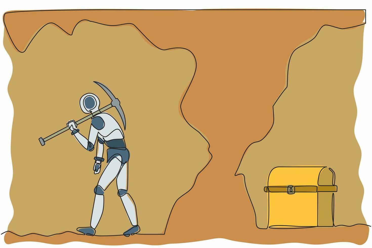 kontinuierlich eine Linie zeichnender Roboter gibt das Graben auf, ohne zu wissen, dass die Schatztruhe fast aufgedeckt ist. humanoider Roboter kybernetischer Organismus. zukünftige Robotik. Vektorgrafik-Illustration für einzeiliges Design vektor