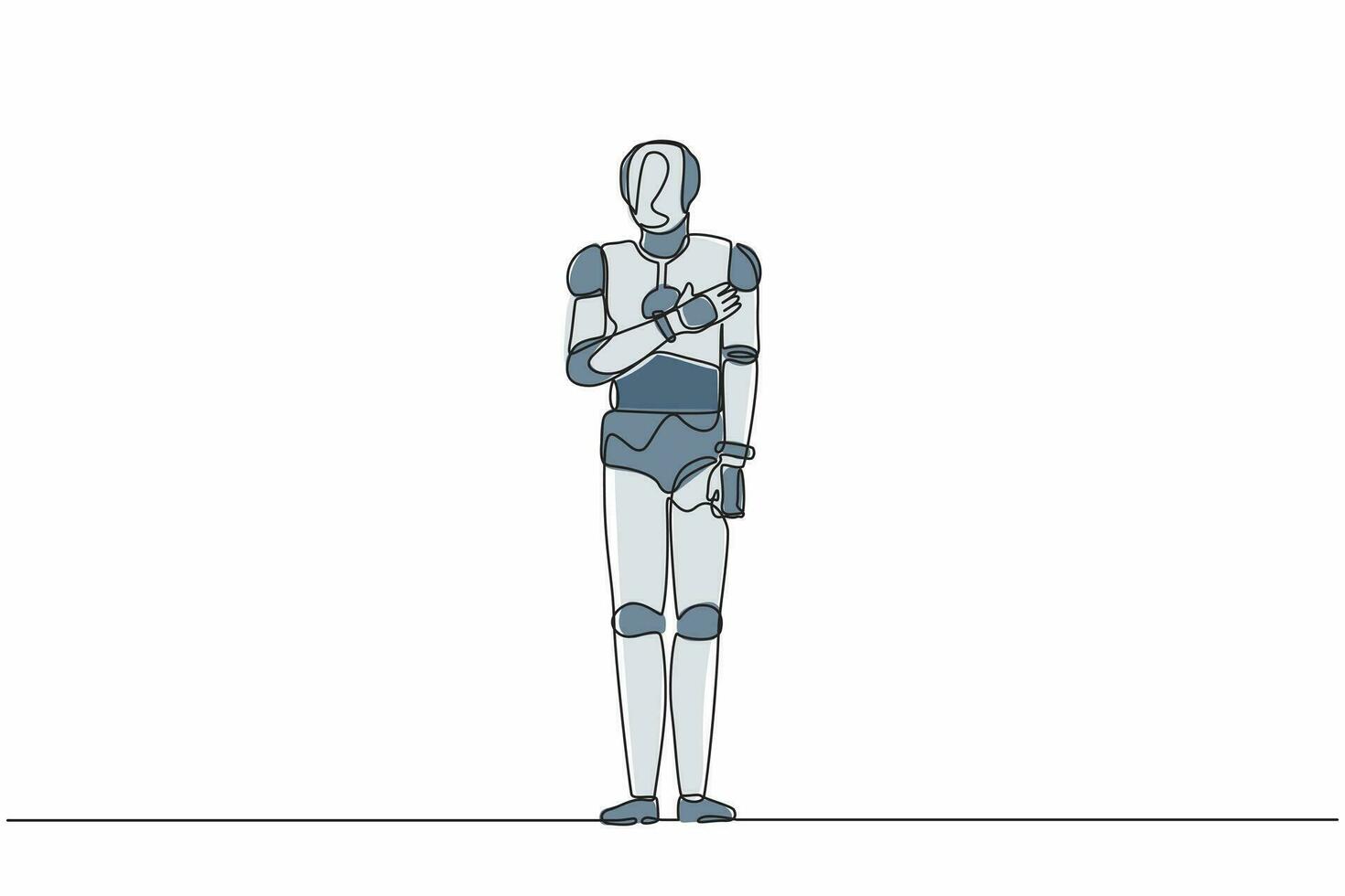 en rad ritningsrobot som håller händerna på bröstet. leende vänlig robot som uttrycker tacksamhet. artificiell intelligens och maskininlärningsprocesser. kontinuerlig linje design vektor illustration