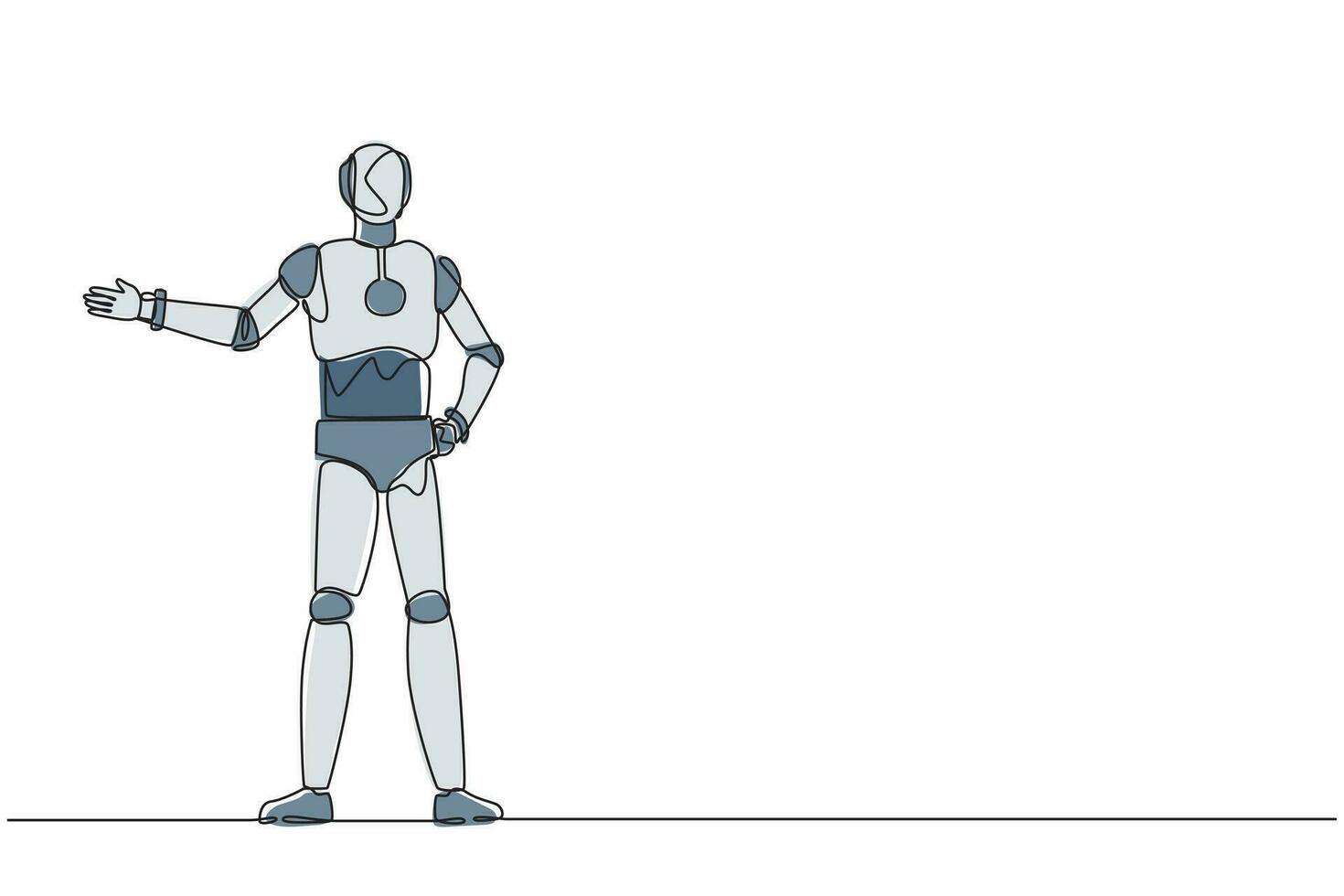 kontinuierlicher einzeiliger Zeichenroboter, der etwas zeigt oder ein Projekt präsentiert. humanoider Roboter kybernetischer Organismus. zukünftiges Roboterentwicklungskonzept. einzeiliges zeichnen design vektorgrafik illustration vektor
