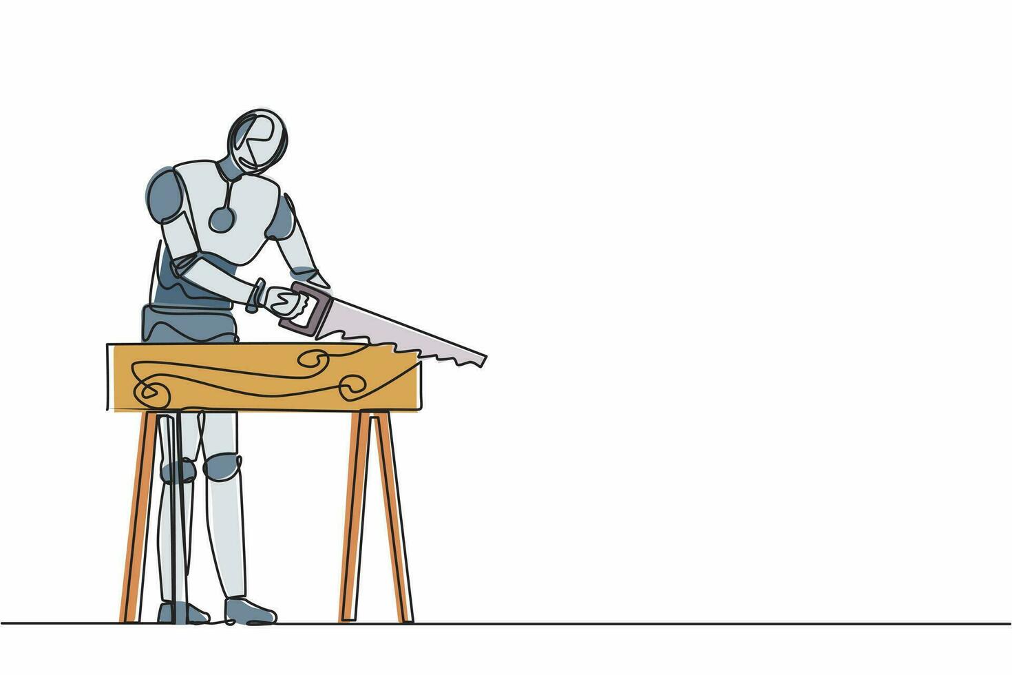einzelne einzeilige zeichnung von robotermechanikern, bauern oder tischlern, die bretter sägen. zukünftige Technologieentwicklung. maschinelles lernen mit künstlicher intelligenz. ununterbrochene Linie zeichnen Design-Vektor-Illustration vektor