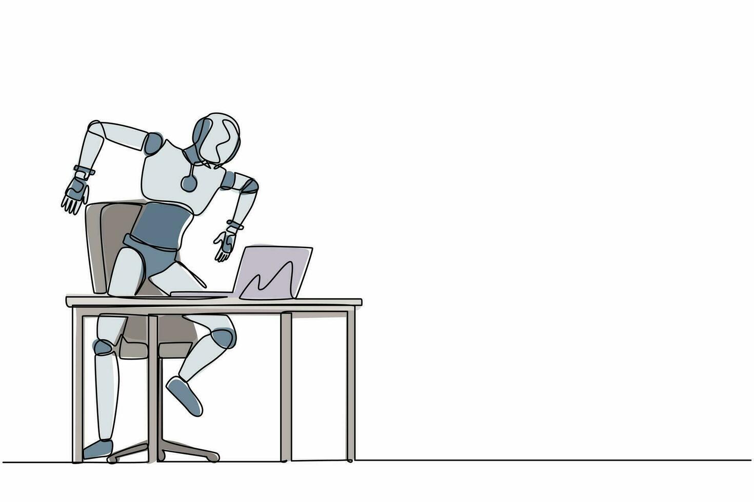 Eine einzelne Linie zeichnet einen frustrierten Roboter, der einen Bildschirm-Laptop auf seinem Schreibtisch schreit. zukünftige Technologieentwicklung. maschinelles lernen mit künstlicher intelligenz. durchgehende Liniendesign-Vektorillustration vektor