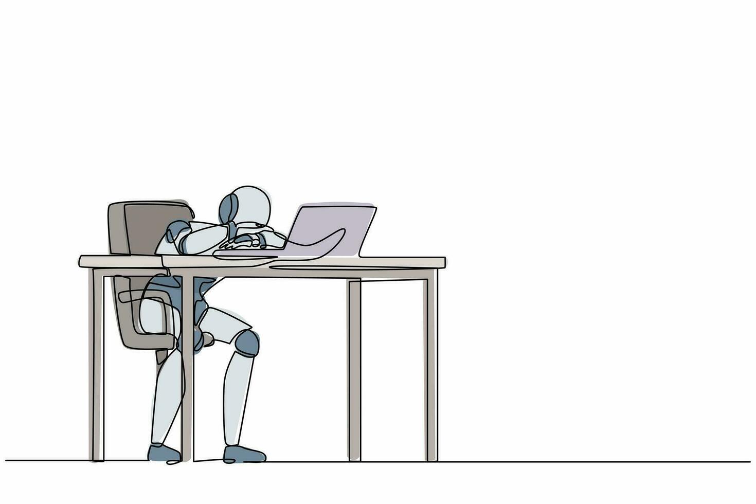 Ein Strichzeichnungsroboter mit Wutanfall im Büro, der den Kopf mit den Händen hält. zukünftige Technologieentwicklung. maschinelles lernen mit künstlicher intelligenz. durchgehende Liniendesign-Vektorillustration vektor