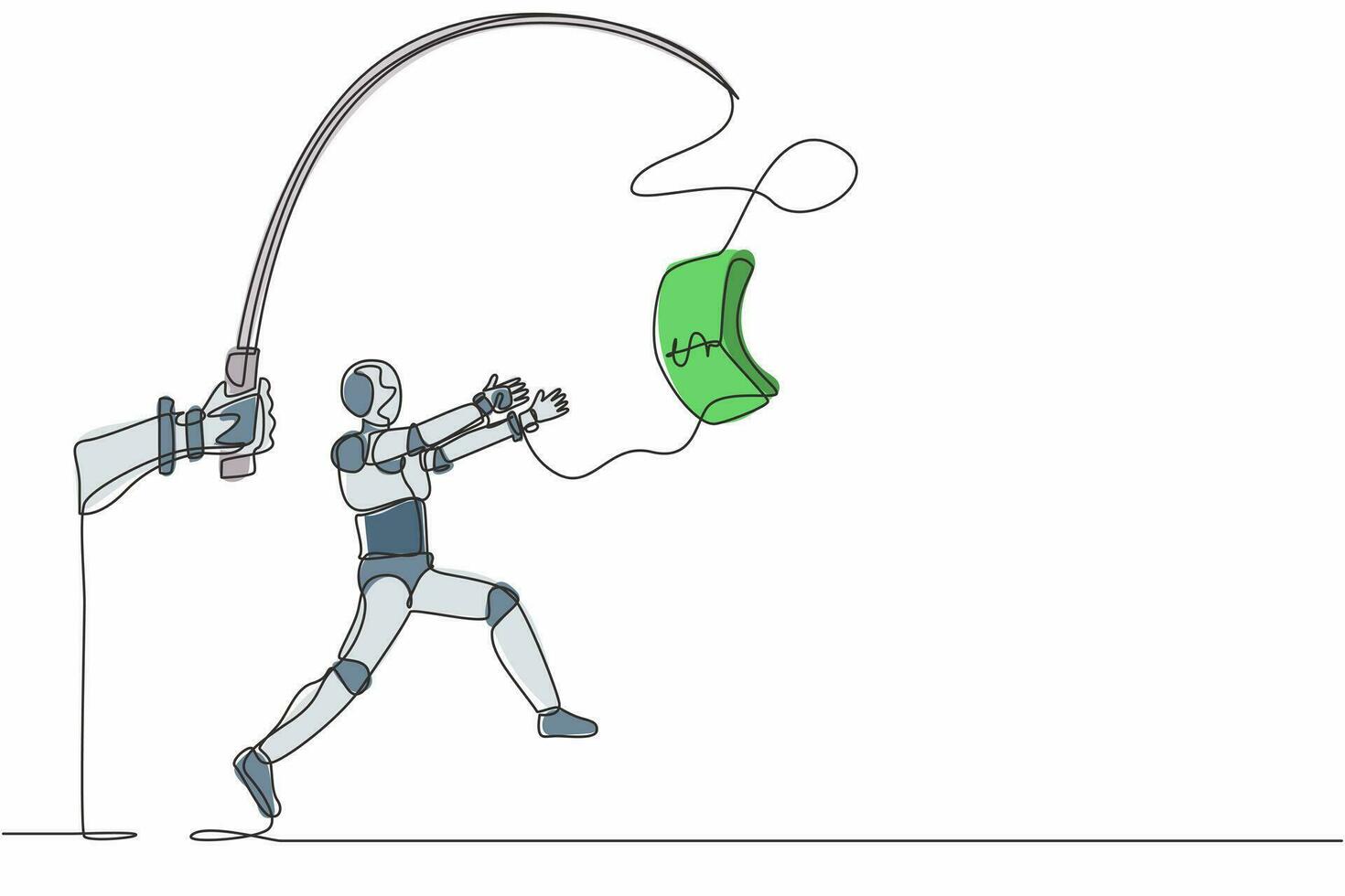 kontinuerlig en rad ritning hand med fiskespö och dollar kontanter kontroll giriga robot. humanoid robot cybernetisk organism. framtida robotutveckling. enkel rad rita design vektorillustration vektor