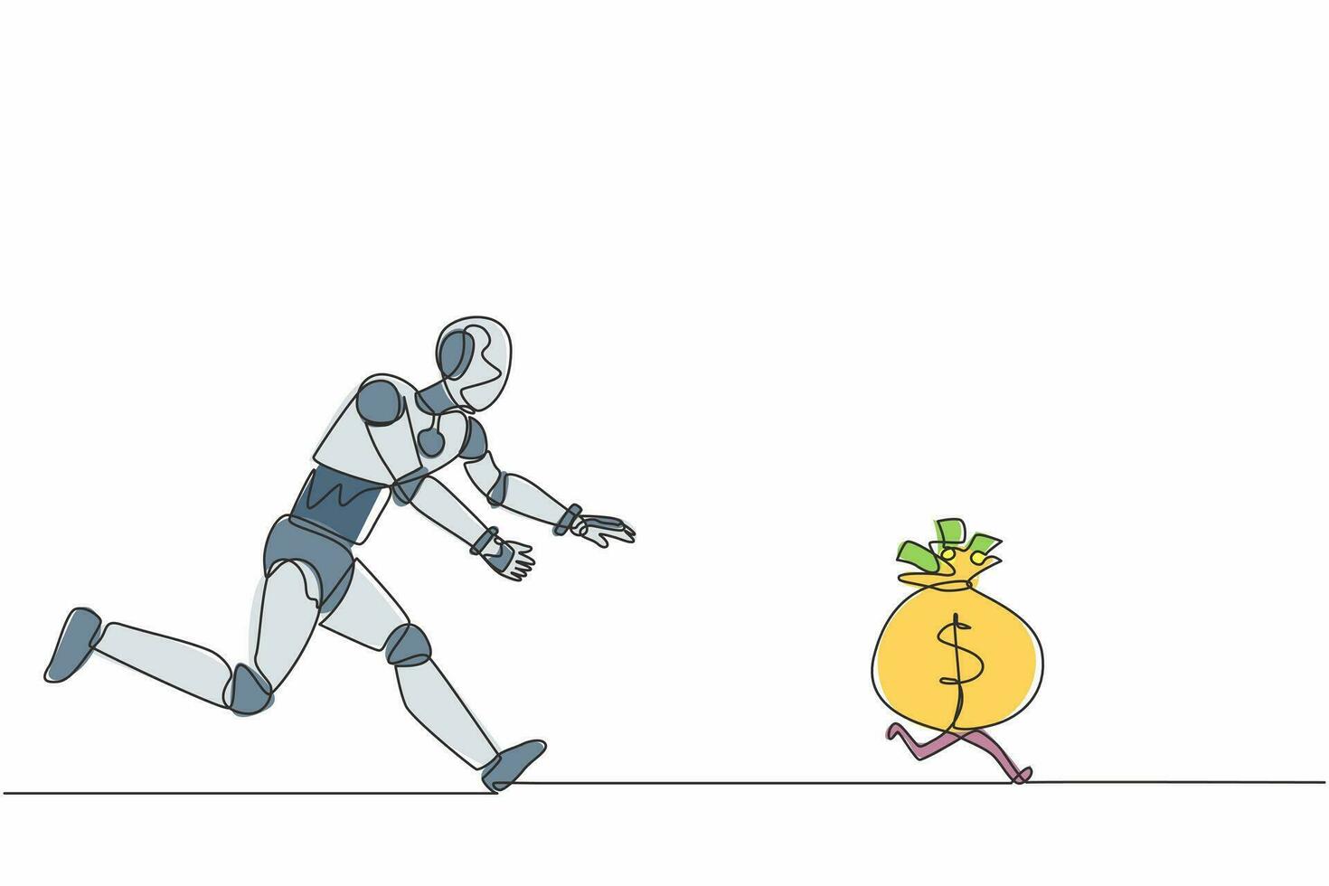 enda kontinuerlig linjeteckning robot jagar pengar påse dollar springa iväg. modern robotisk artificiell intelligens. elektronikindustrin. dynamisk en rad rita grafisk design vektorillustration vektor