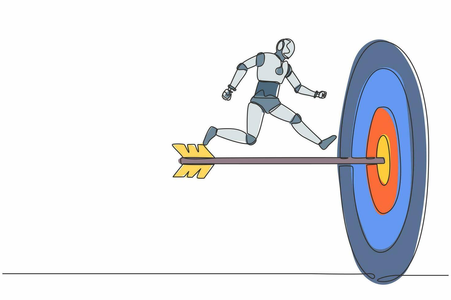 enda kontinuerlig linjeritningsrobot springa till bullseye med pil. nå målframgång. robotisk artificiell intelligens. elektronikindustrin. en rad rita grafisk design vektorillustration vektor