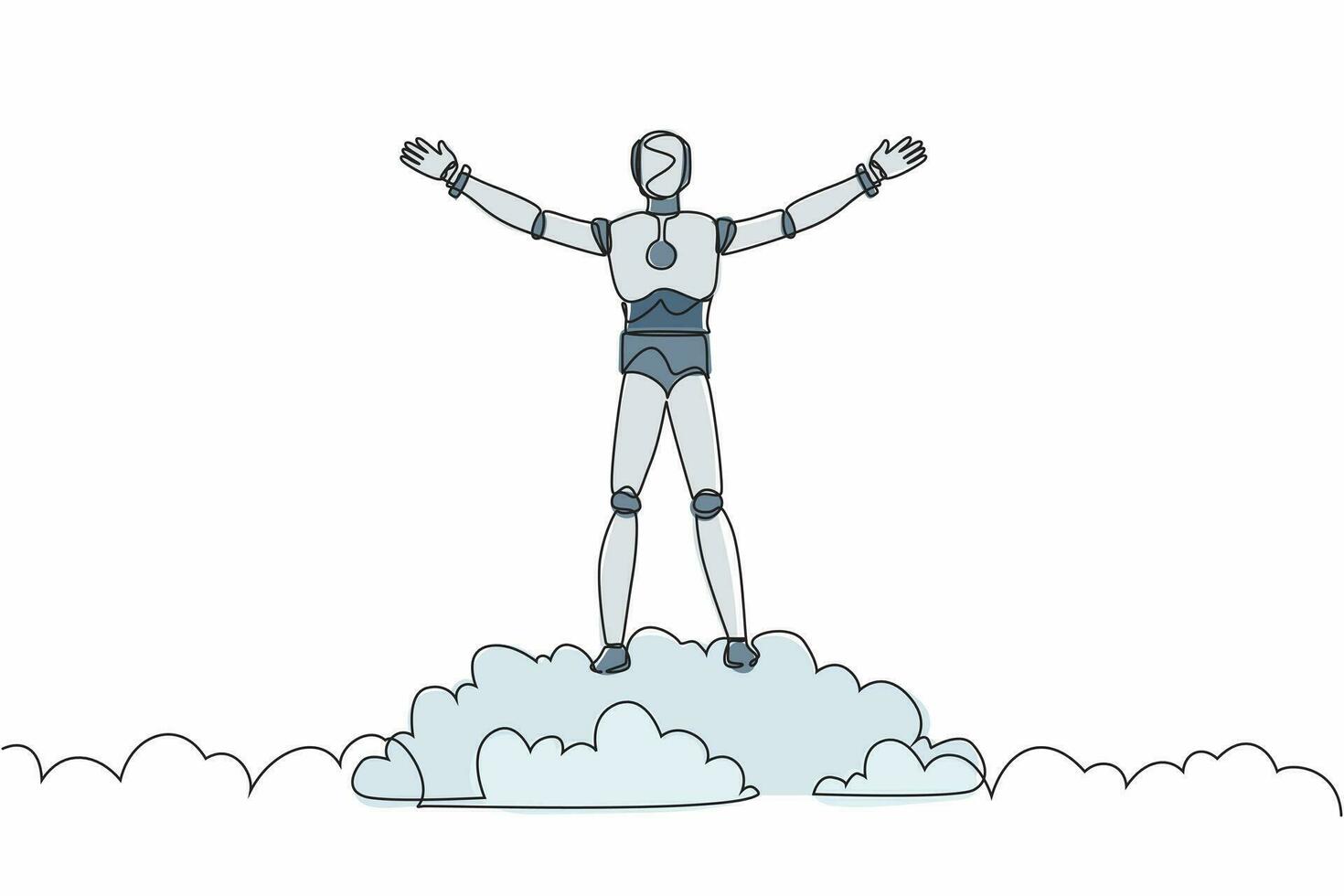 kontinuierlicher einzeiliger roboter auf der wolke mit erhobenen händen. humanoider Roboter kybernetischer Organismus. zukünftige Roboterentwicklung. friedlich, glück. Vektorgrafik-Illustration für einzeiliges Design vektor