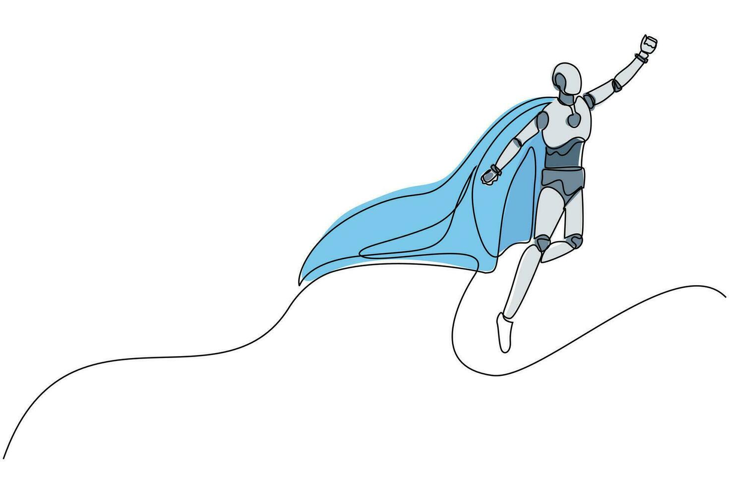 Single einer Linie Zeichnung Roboter Superheld fliegt oben zu das Himmel. Zukunft Technologie Entwicklung. künstlich Intelligenz Maschine Lernen Prozesse. kontinuierlich Linie zeichnen Design Grafik Vektor Illustration