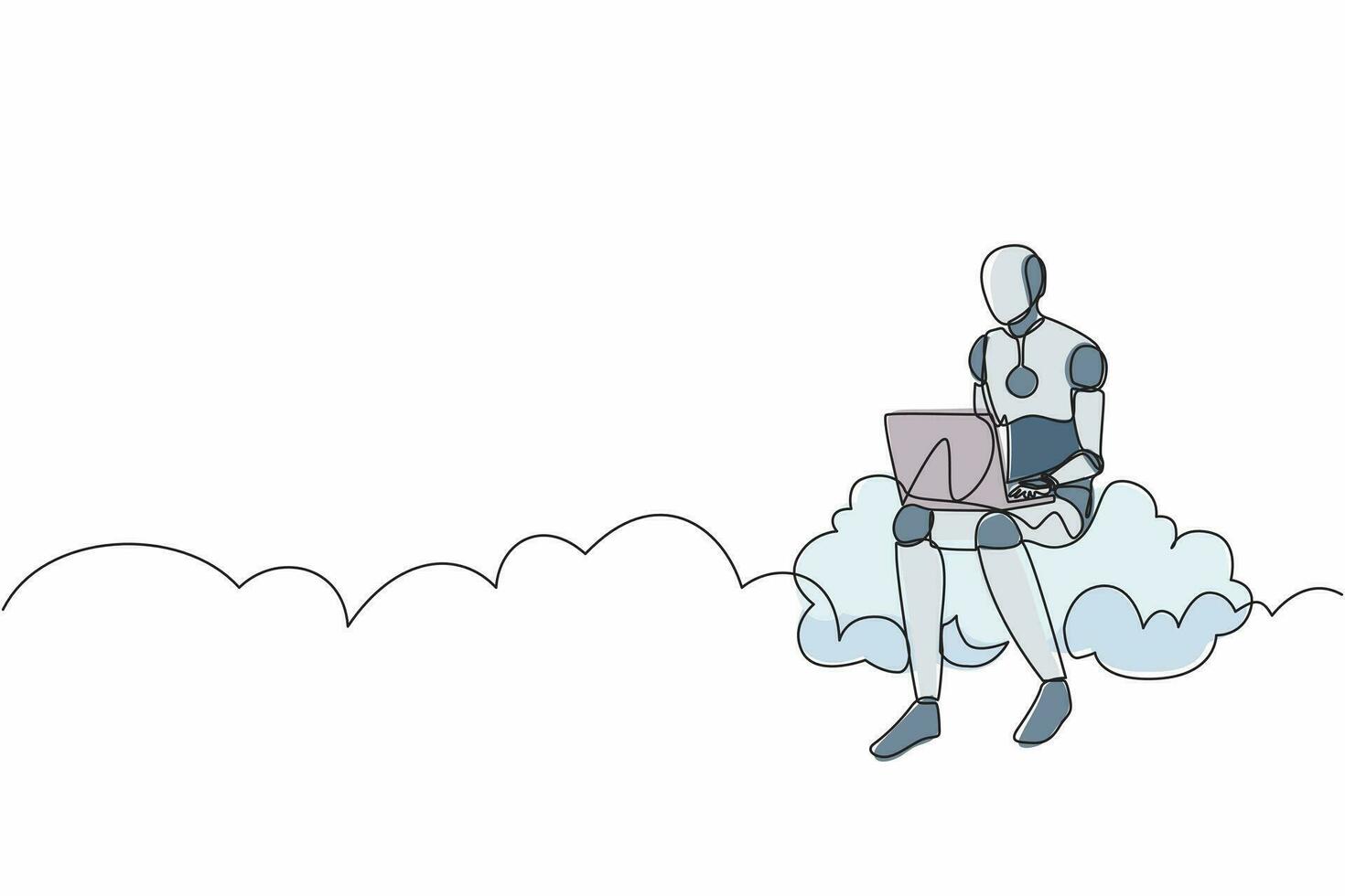 Ein Strichzeichnungsroboter, der auf einer Wolke im Himmel sitzt und mit einem Laptop arbeitet. zukünftige Technologieentwicklung. maschinelles lernen mit künstlicher intelligenz. grafische Illustration des ununterbrochenen Linienentwurfs vektor
