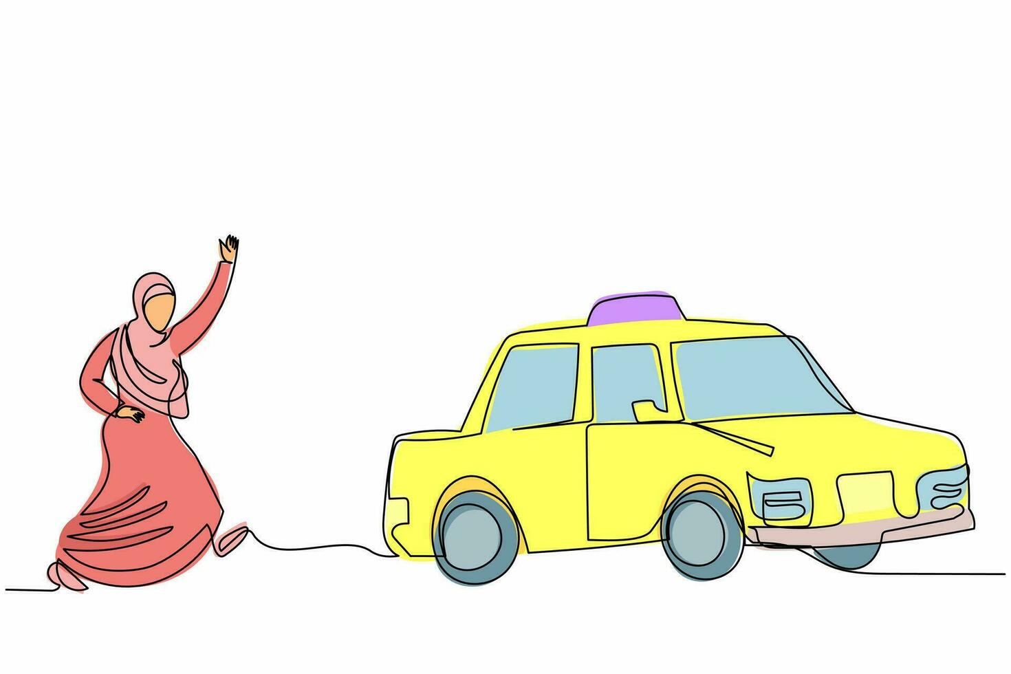 einzelne durchgehende strichzeichnung arabische geschäftsfrau jagt taxi. Büroleiter verspätet sich und rennt, um ein Taxi zu holen. Transport und Fahrzeug in Fristen. eine linie zeichnen grafikdesign-vektorillustration vektor