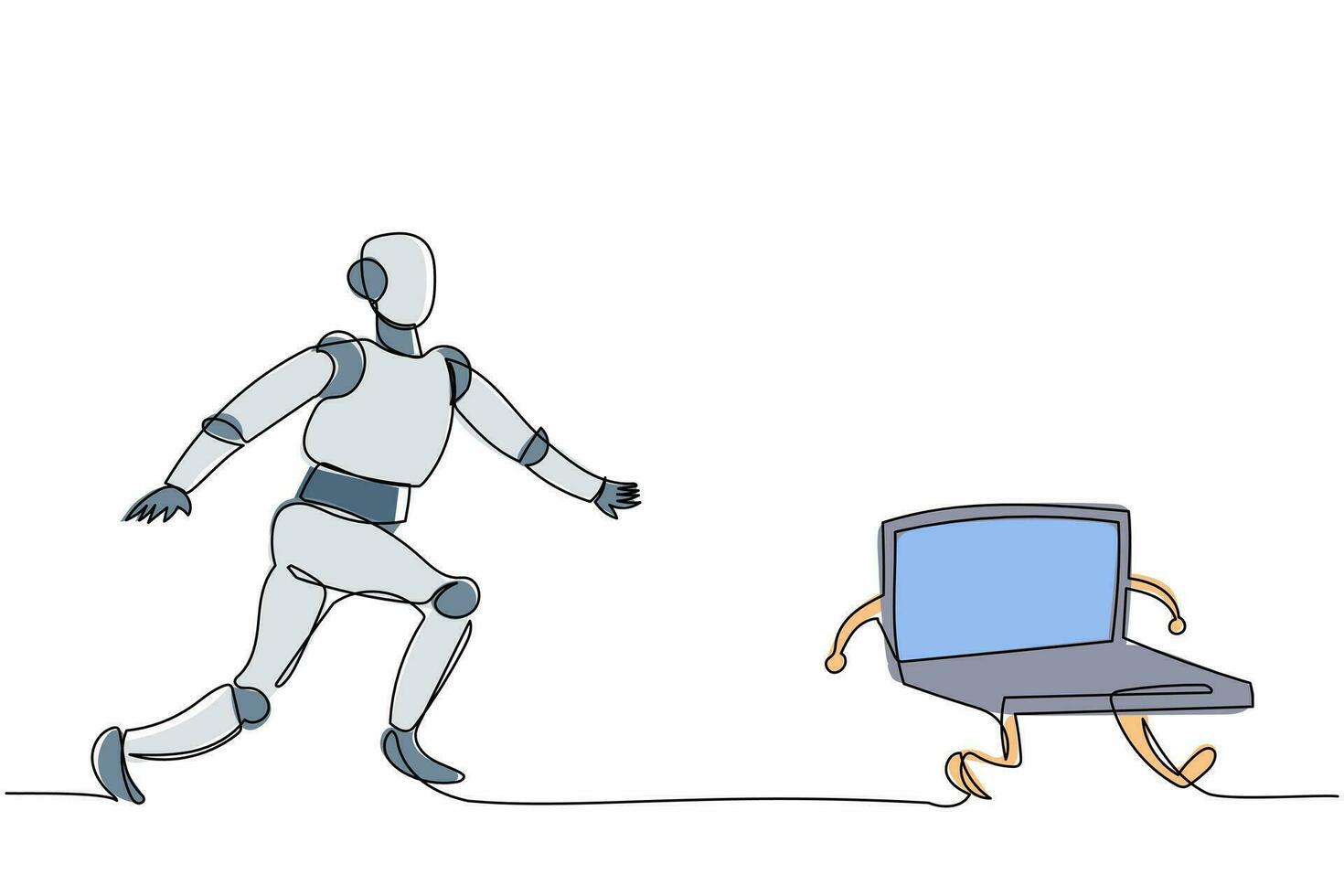 Ein Roboter mit durchgehender Strichzeichnung jagt einen Laptop-Computer. Termin und Aufgabe. moderne robotische künstliche Intelligenz. Industrie der Elektrotechnik. einzeilige Grafikdesign-Vektorillustration vektor