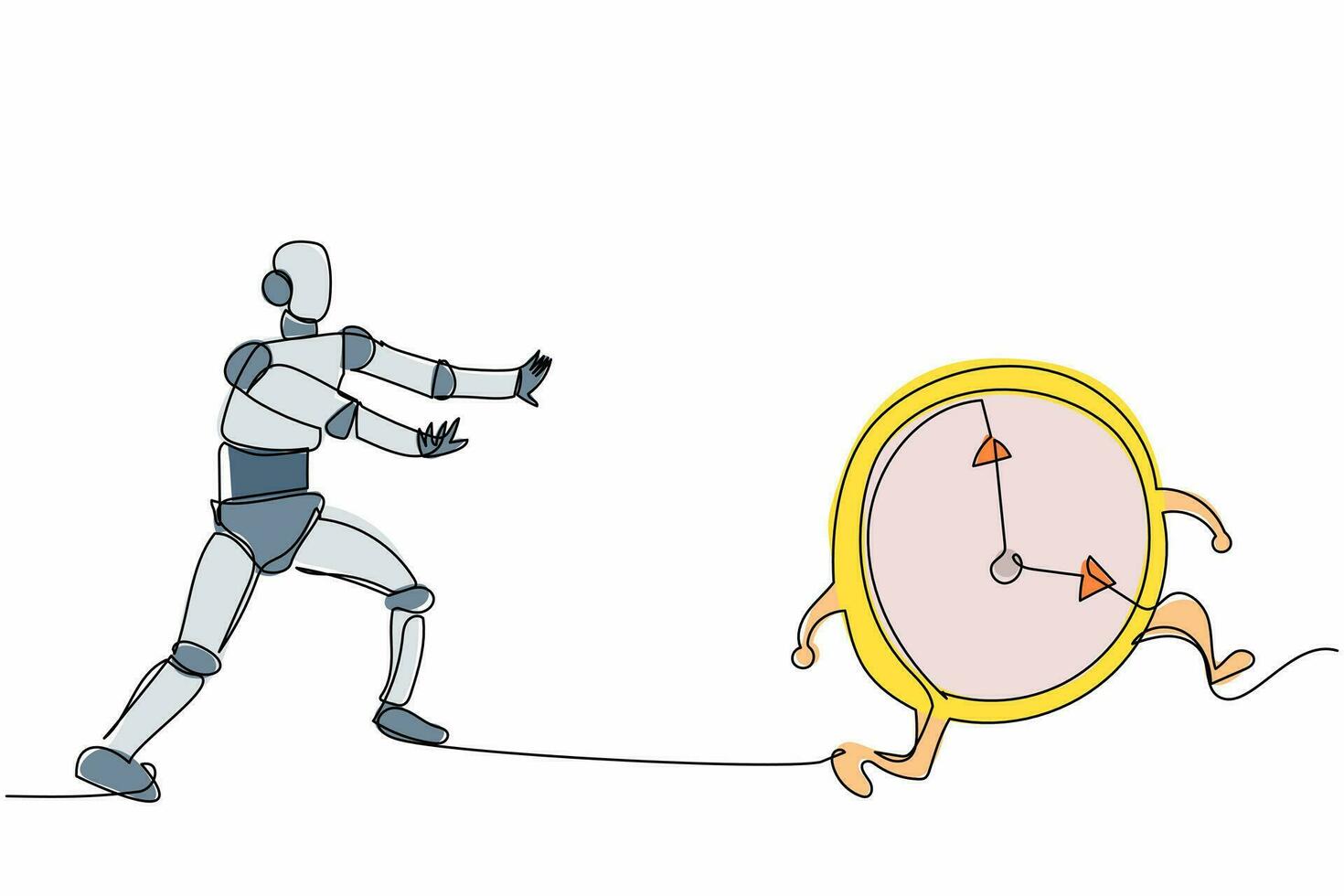 enda kontinuerlig linjeritning robotjakt klocktid. tidshantering i bearbetningsfabriken. robotisk artificiell intelligens. elektronikindustrin. en rad rita design vektorillustration vektor