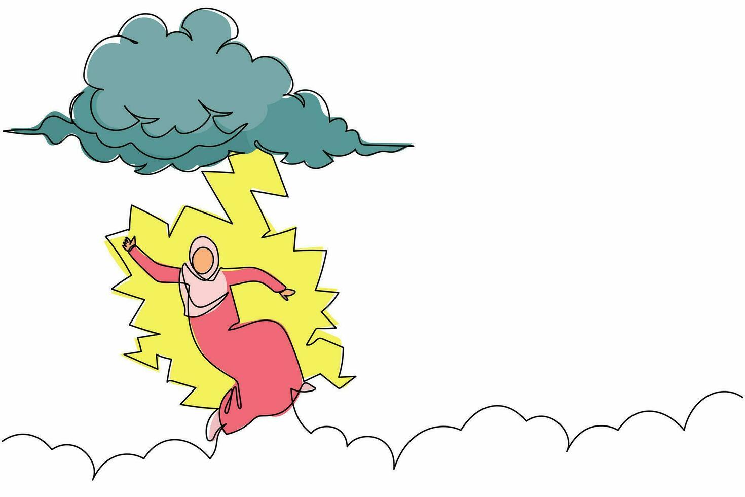 enda kontinuerlig linjeritning arabisk affärskvinna träffad av blixten eller åskan från molnet. känna otur på kontoret. elände, katastrof, risk, fara. en rad rita grafisk design vektorillustration vektor