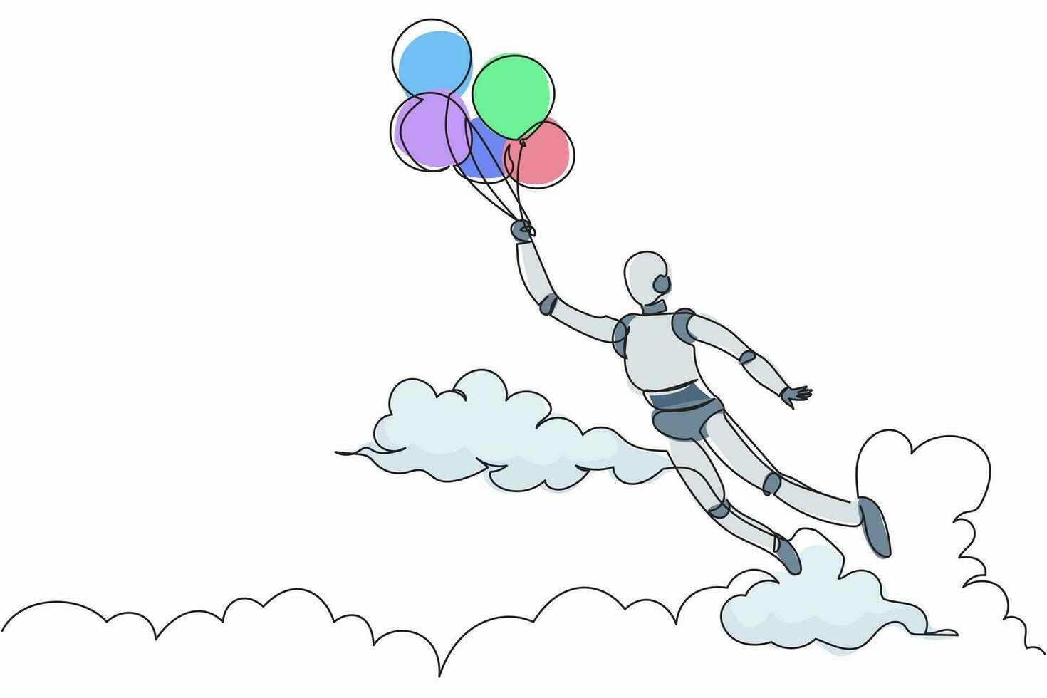 Ein Strichzeichnungsroboter, der mit Ballonluft fliegt. finanzielle Unabhängigkeit erreichen. zukünftige Technologieentwicklung. maschinelle Lernprozesse. grafische Vektorillustration des durchgehenden Liniendesigns vektor