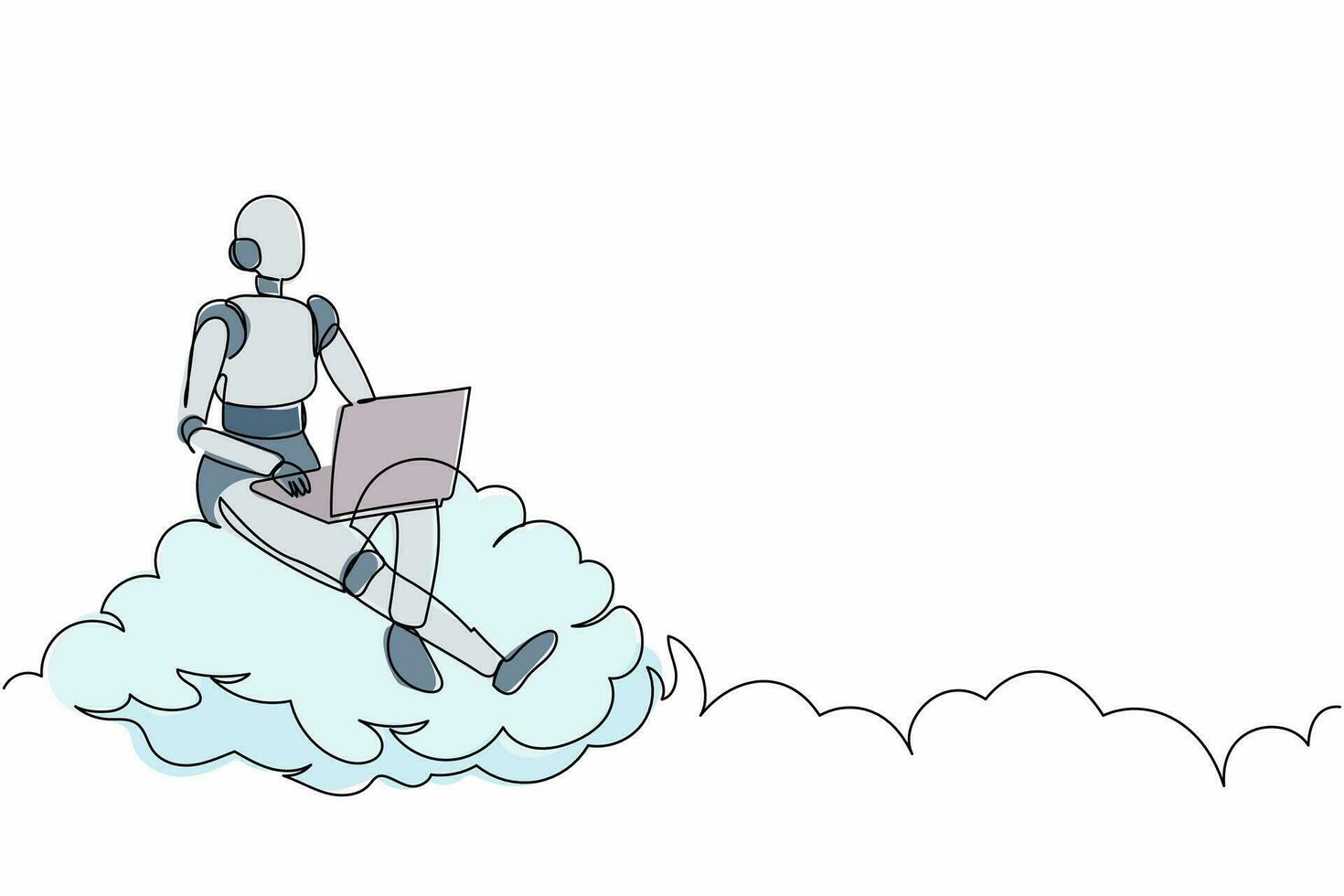 kontinuierlicher einzeiliger roboter, der auf einer wolke am himmel sitzt und mit einem laptop arbeitet. drahtlose Internetverbindung. humanoider Roboter kybernetischer Organismus. einzeiliges zeichnen design vektorgrafik illustration vektor