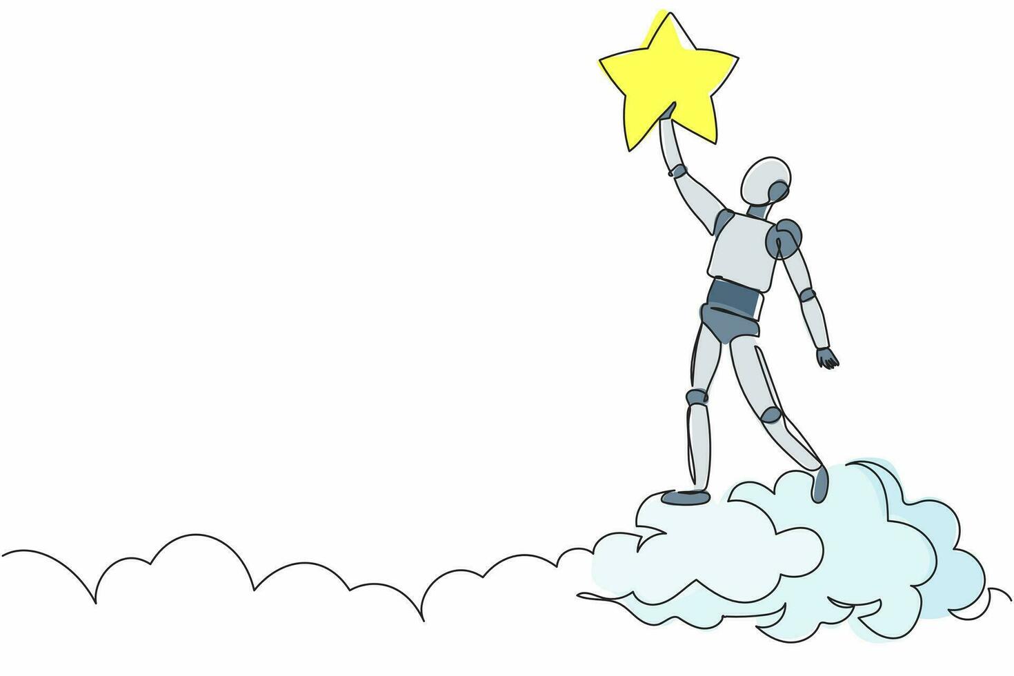 kontinuerlig en rad ritning robot når stjärnan på himlen. affärsmästare för att få belöning. humanoid robot cybernetisk organism. framtida robotutveckling. enkel rad rita design vektorillustration vektor