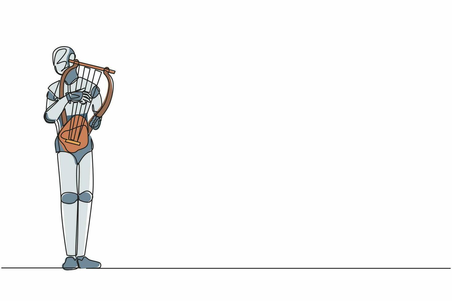kontinuierliche einzeilige zeichnung robotermusiker, der auf der bühne eine musikalische leier spielt. klassisches musikorchester. humanoider Roboter Kybernetik. zukünftige Roboterentwicklung. einzeiliges zeichnen design vektorillustration vektor