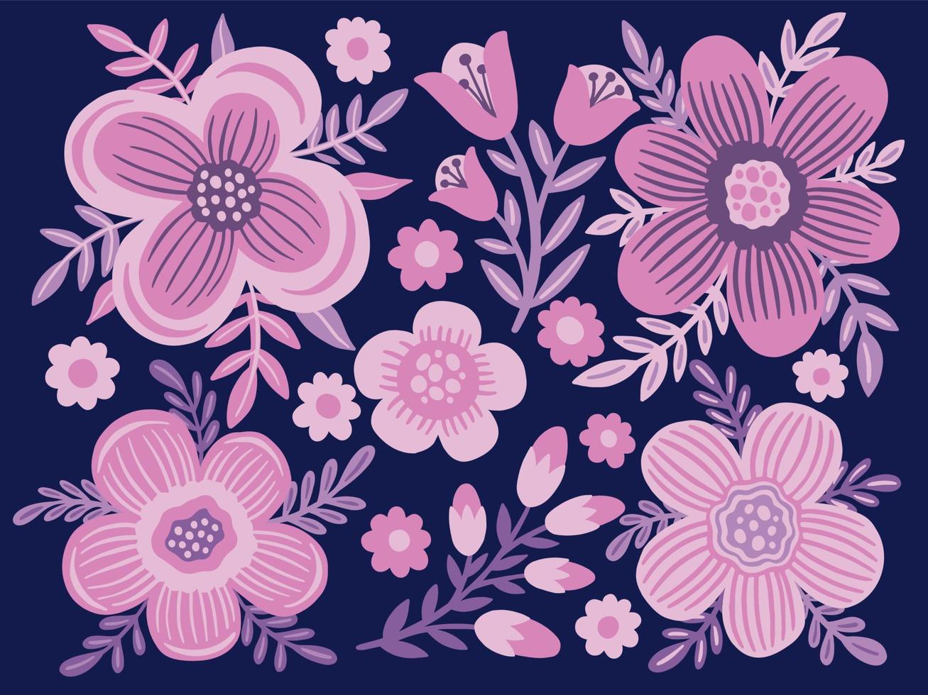 Stellen Sie elegante rosa süße Blume ein. dekoratives Zeichnungsdesign floral. romantische Sammlung isoliert. vektor