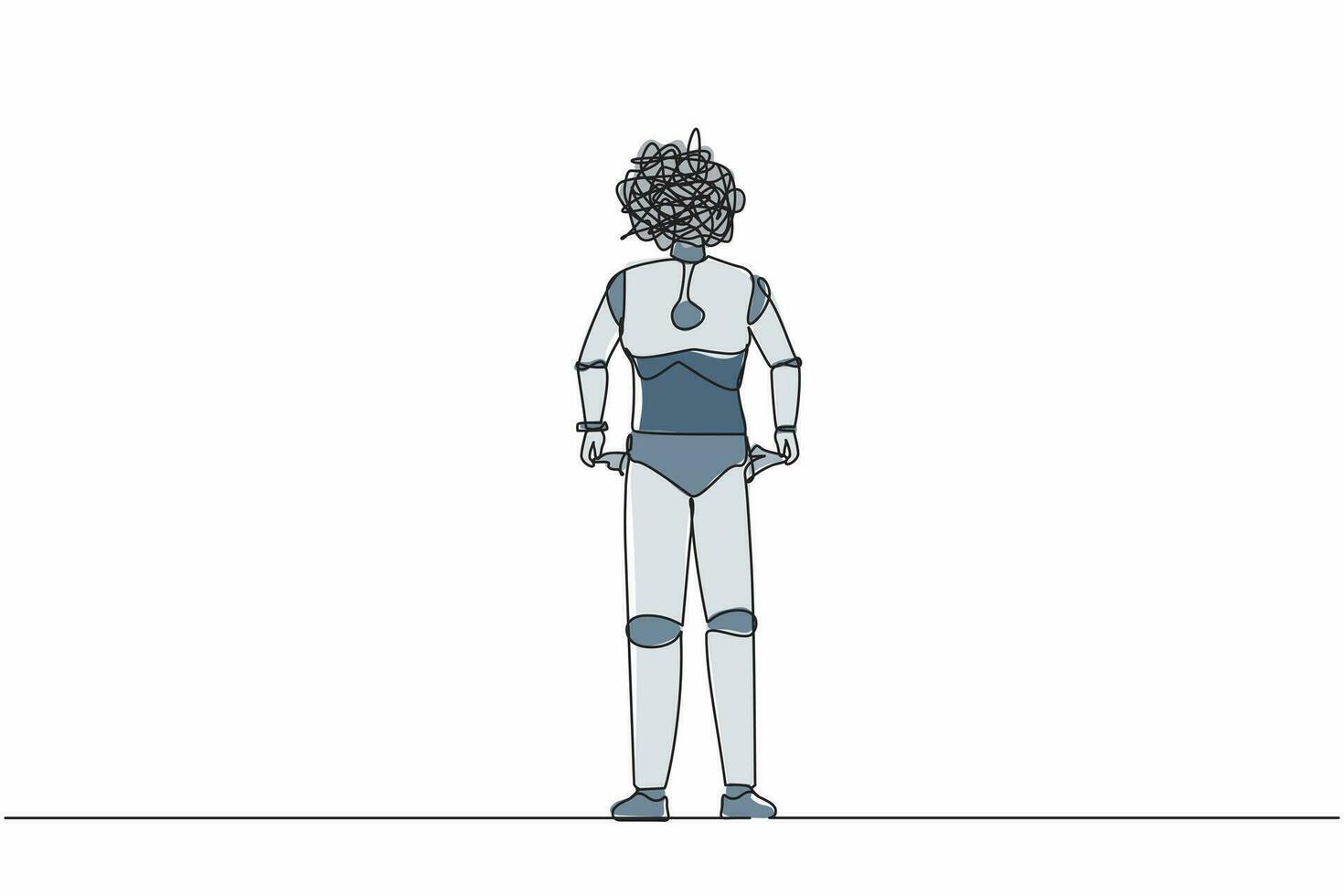 kontinuierlicher einzeiliger Zeichenroboter mit runden Kritzeleien anstelle des Kopfes. Roboter mit nach außen gedrehter Tasche, kein Geld. Pleite. robotische künstliche Intelligenz. Einzeilige Design-Vektorillustration vektor