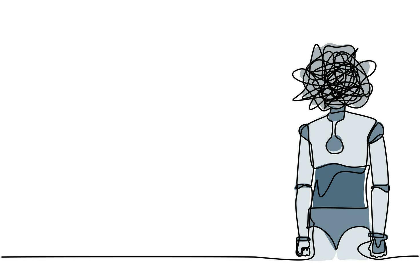 enda ett linje teckning robot med runda klottrar istället av huvud, frustrerad. ångest, förvirring i tankar. framtida teknologi utveckling. kontinuerlig linje dra design grafisk vektor illustration
