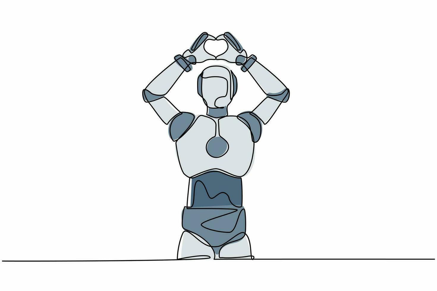 Ein Strichzeichnungsroboter, der mit einem Liebeszeichen oder einem Herzsymbol mit den Fingern über dem Kopf steht. Technische Entwicklung. künstliche Intelligenz. grafische Vektorillustration des durchgehenden Liniendesigns vektor