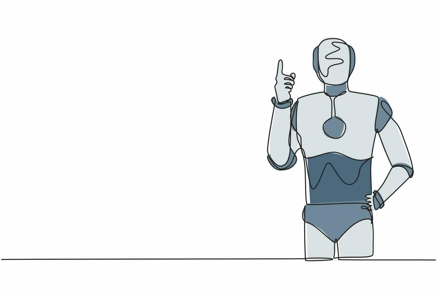 enda ett linje teckning robot stående med finger index upp gest. känsla och kropp språk. artificiell intelligens och maskin inlärning processer. kontinuerlig linje dra design vektor illustration